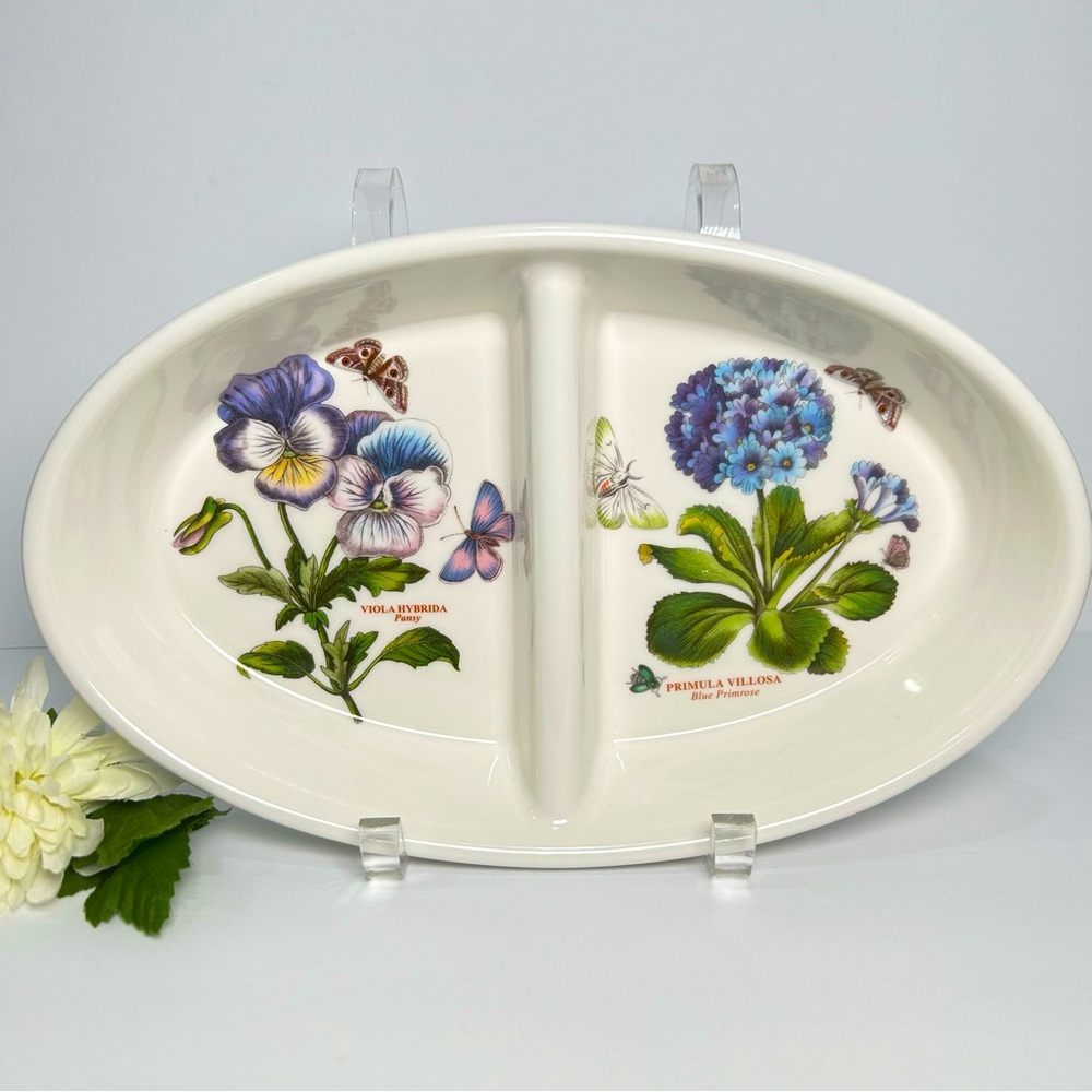 Portmierion Botanic Garden Ceramic Divided Veg Dish White Primula Viola NWOT